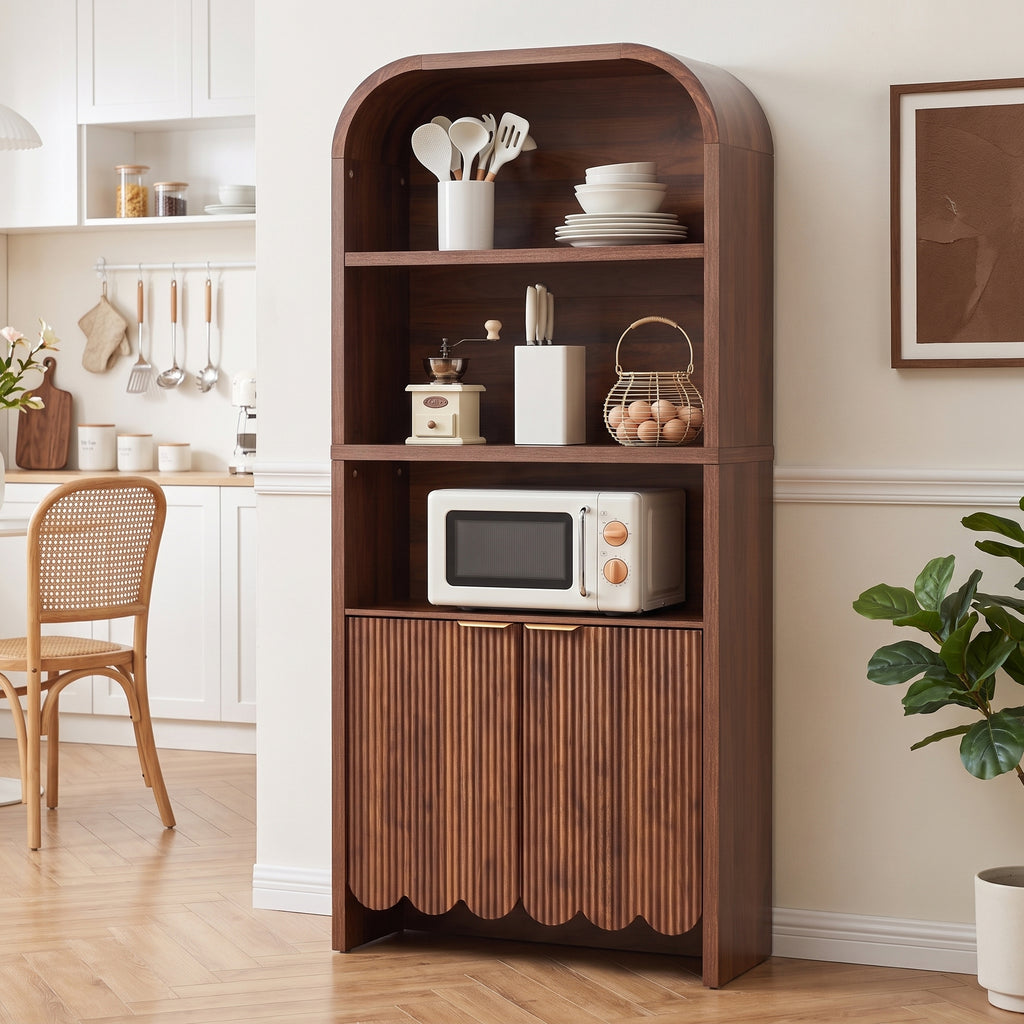 Weselon 70.86" Tall Arched Bookshelf with Fluted Doors, Modern Wooden Bookcase Cabinet, 5-Tier Walnut Display Shelf for Living Room Home Office