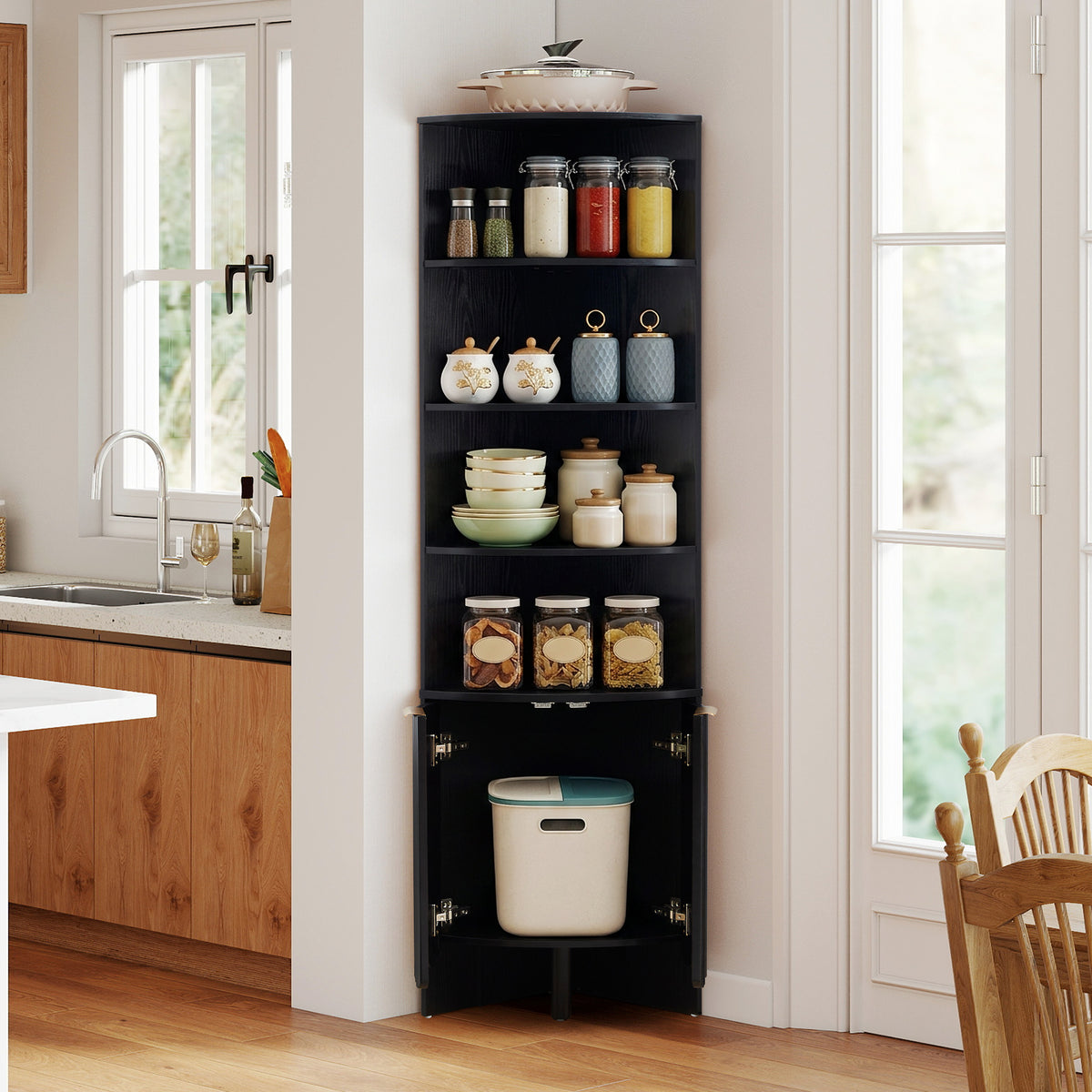 Weselon 67" Tall Corner Cabinet with Fluted Doors, 5-Tier Mid-Century Modern Corner Accent Cabinet for Living Room, Kitchen and Bathroom