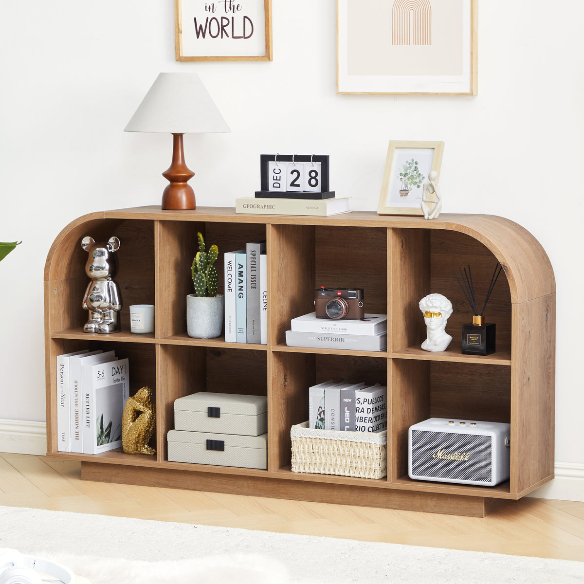 Weselon 55" Long Curved Horizontal Bookcase with 8-Cube Storage, Mid-Century Modern Low Bookshelf Storage Cabinet for Living Room, Entryway