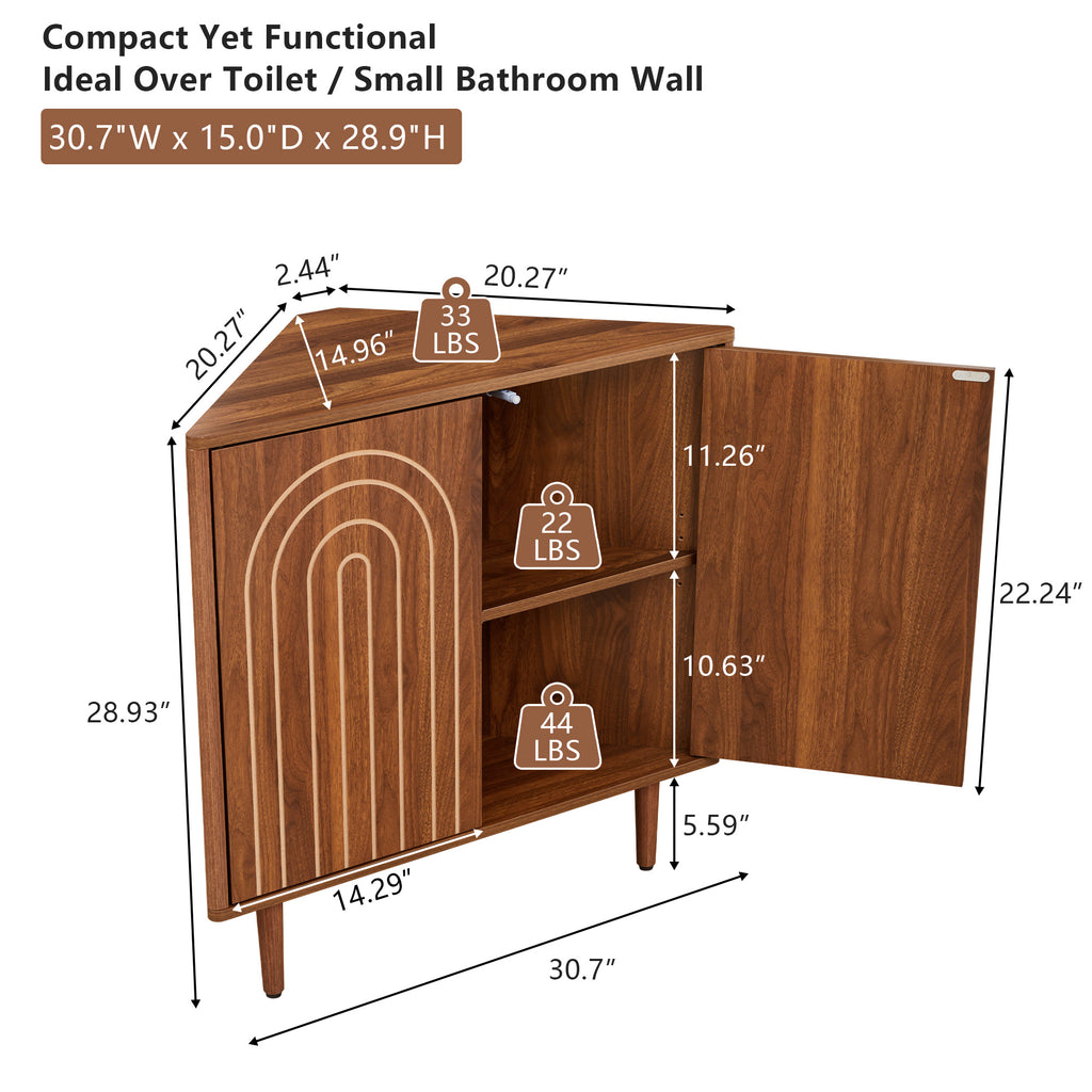 Weselon 30" Arched Relief Corner Cabinet, Mid-Century Modern Bathroom Storage Organizer with Tapered Solid Wood Legs, Walnut Entryway Accent Cabinet