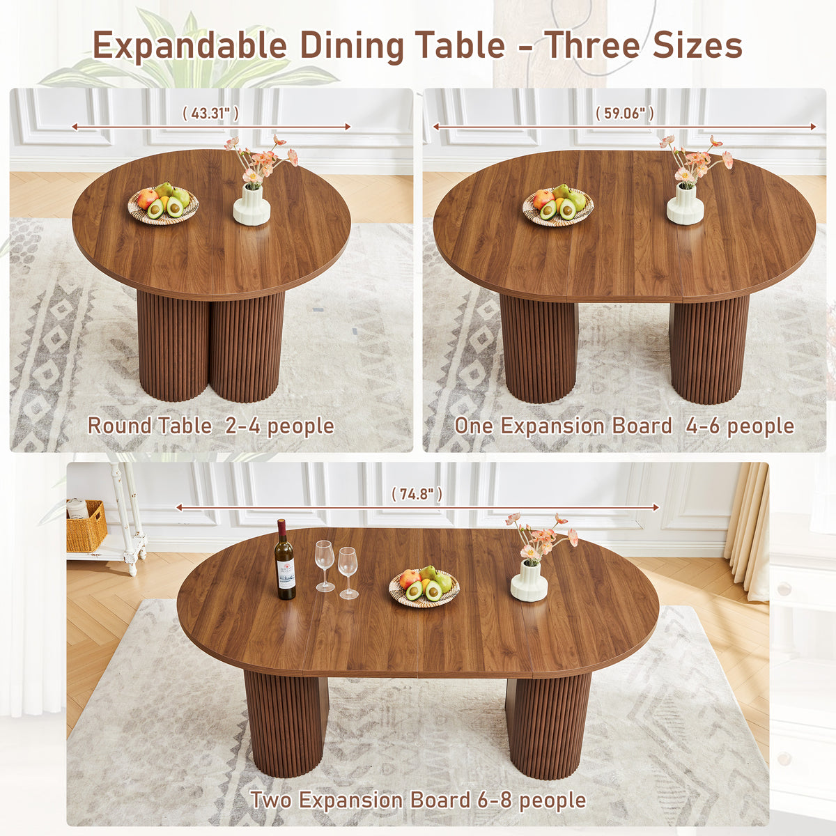 Weselon 43"-75" Extendable Dining Table for 2-8, Modern Oval Kitchen Table with Pedestal Base Legs, Walnut Round to Oval Wooden Dining Room Table