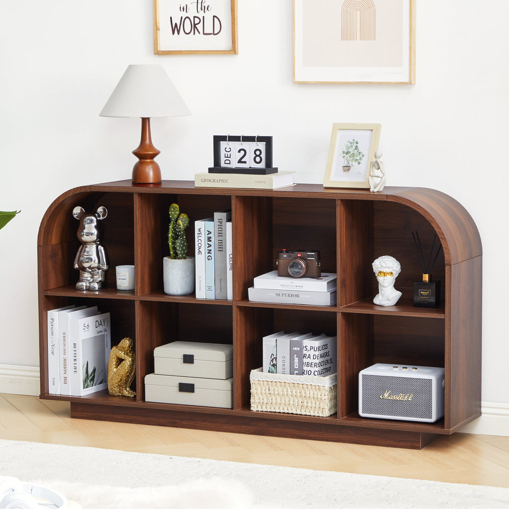 Weselon 55" Long Curved Horizontal Bookcase with 8-Cube Storage, Mid-Century Modern Low Bookshelf Storage Cabinet for Living Room, Entryway