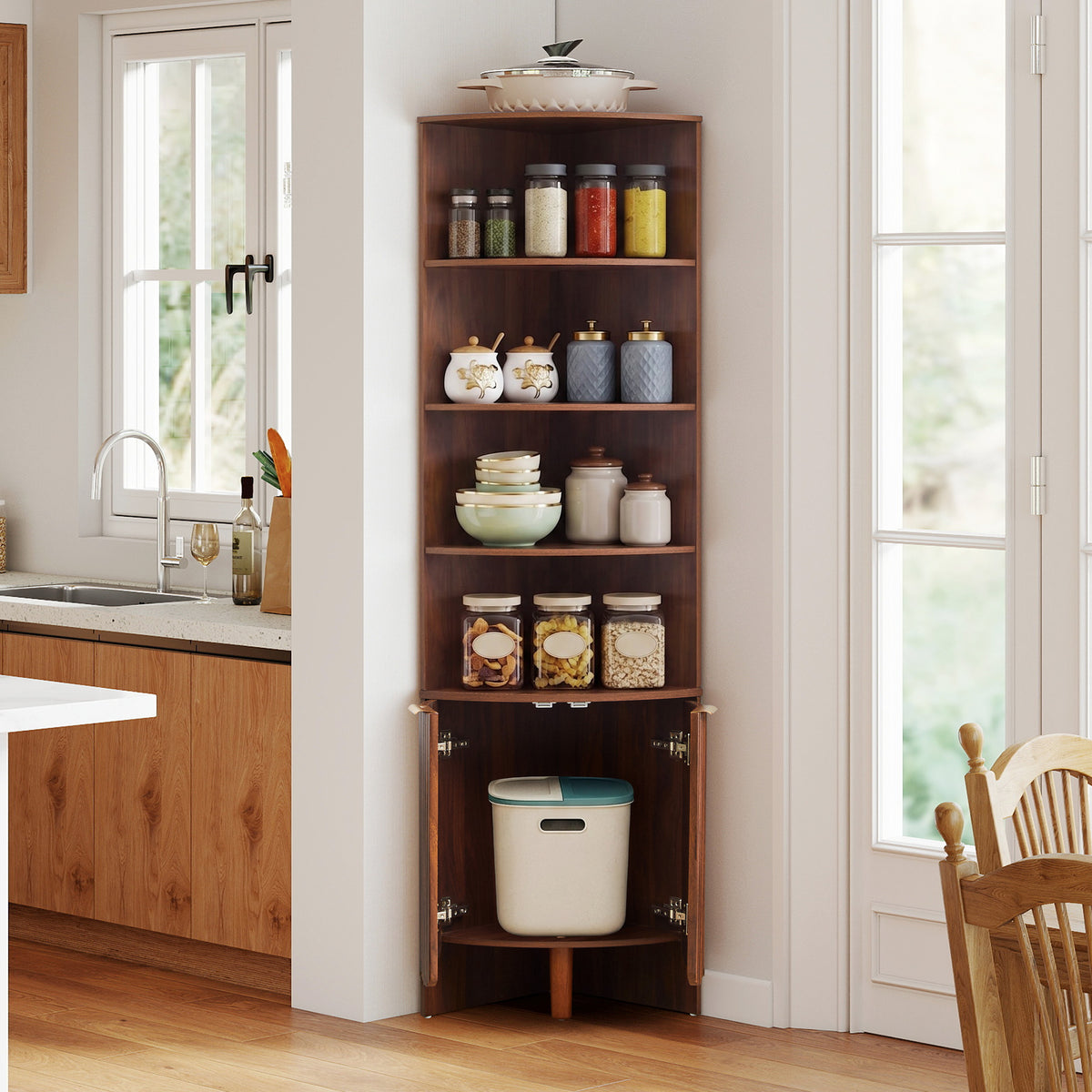 Weselon 67" Tall Corner Cabinet with Fluted Doors, 5-Tier Mid-Century Modern Corner Accent Cabinet for Living Room, Kitchen and Bathroom