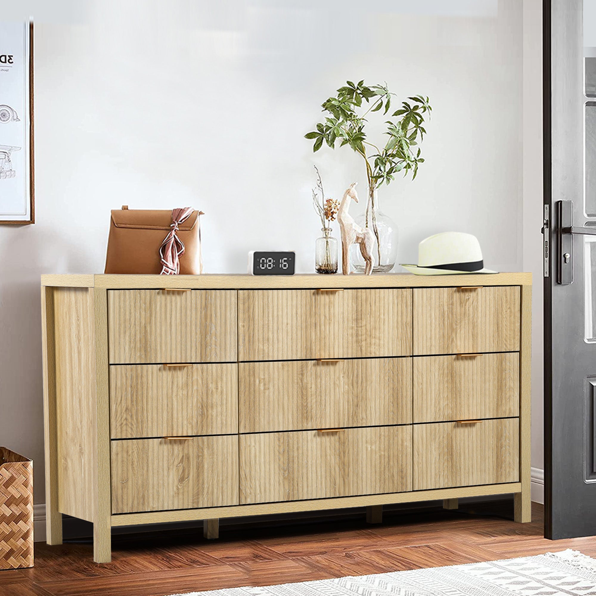 Weselon 9 Drawer Fluted Dresser for Bedroom, Mid Century Chest of Drawers with Arc Edge, Wood Storage Large Dresser Organizer for Bedroom Living Room Hallway Closet
