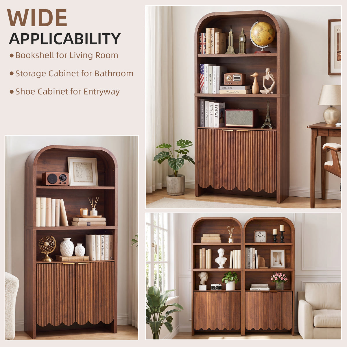 Weselon 70.86" Tall Arched Bookshelf with Fluted Doors, Modern Wooden Bookcase Cabinet, 5-Tier Walnut Display Shelf for Living Room Home Office
