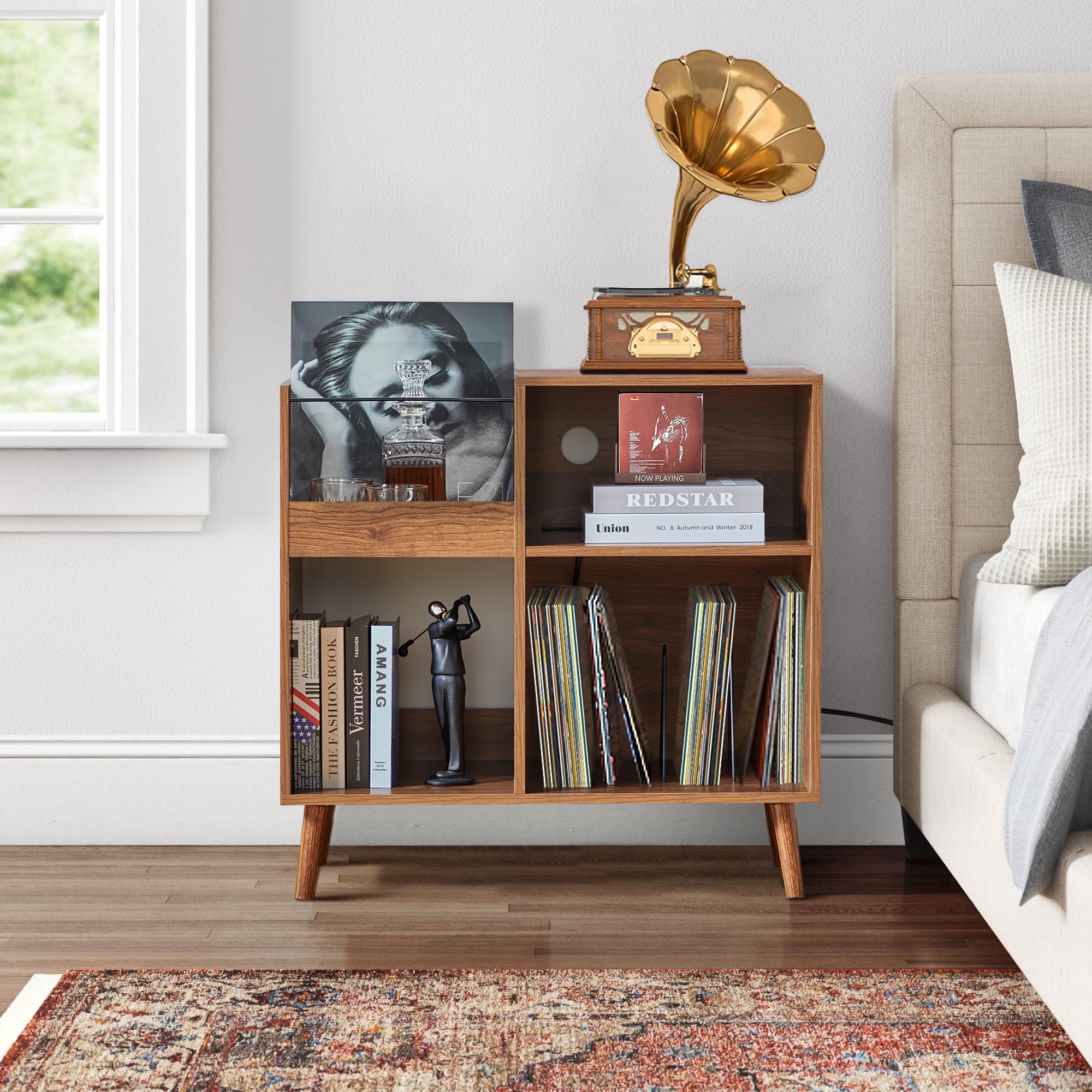 Weselon Record Storage Cabinet with Power Outlet,Record Player Stand,Record Player Table Holds up to 250 Albums,Turntable Stand Display Shelf with Wood Legs for Living Room Bedroom,Walnut Brown