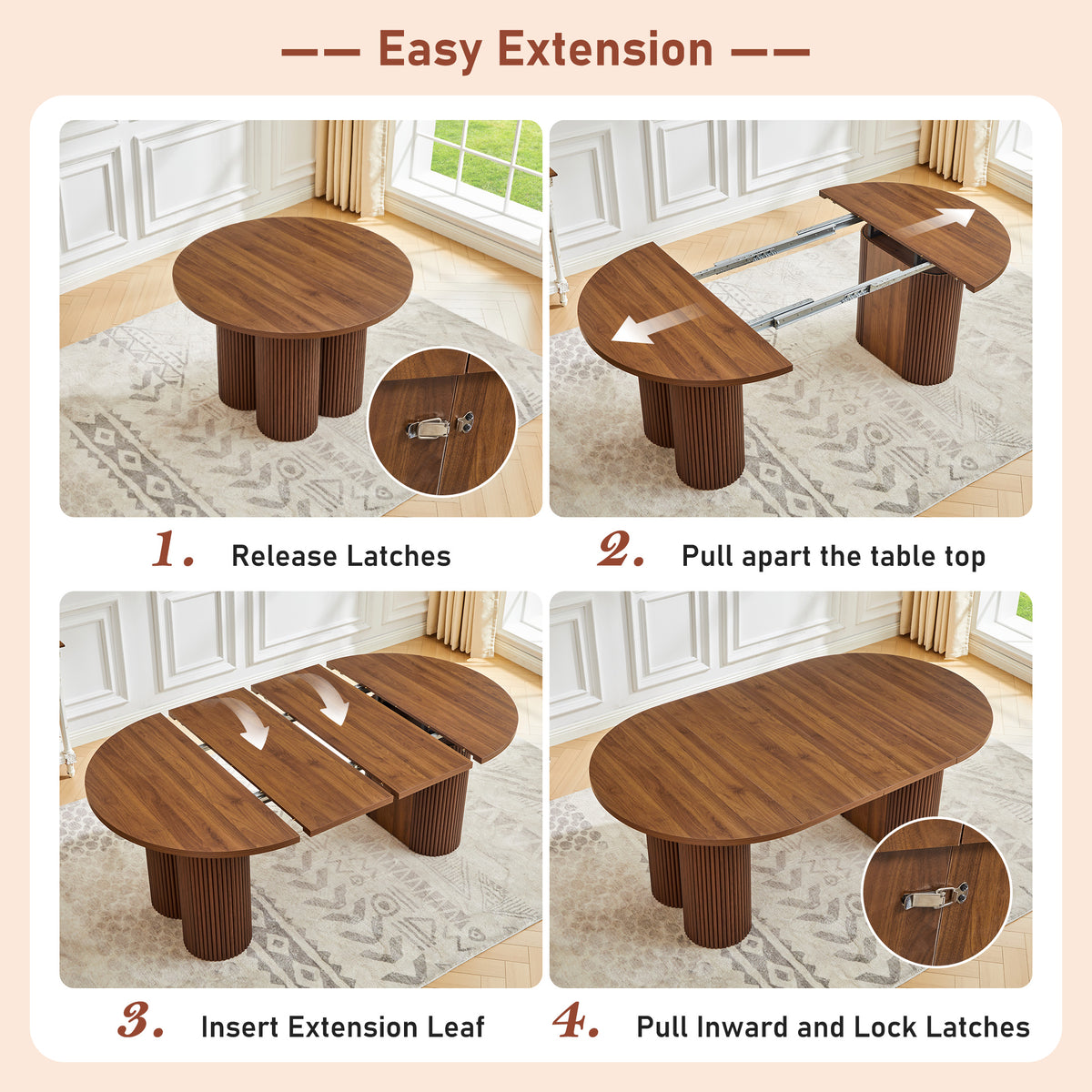 Weselon 43"-75" Extendable Dining Table for 2-8, Modern Oval Kitchen Table with Pedestal Base Legs, Walnut Round to Oval Wooden Dining Room Table